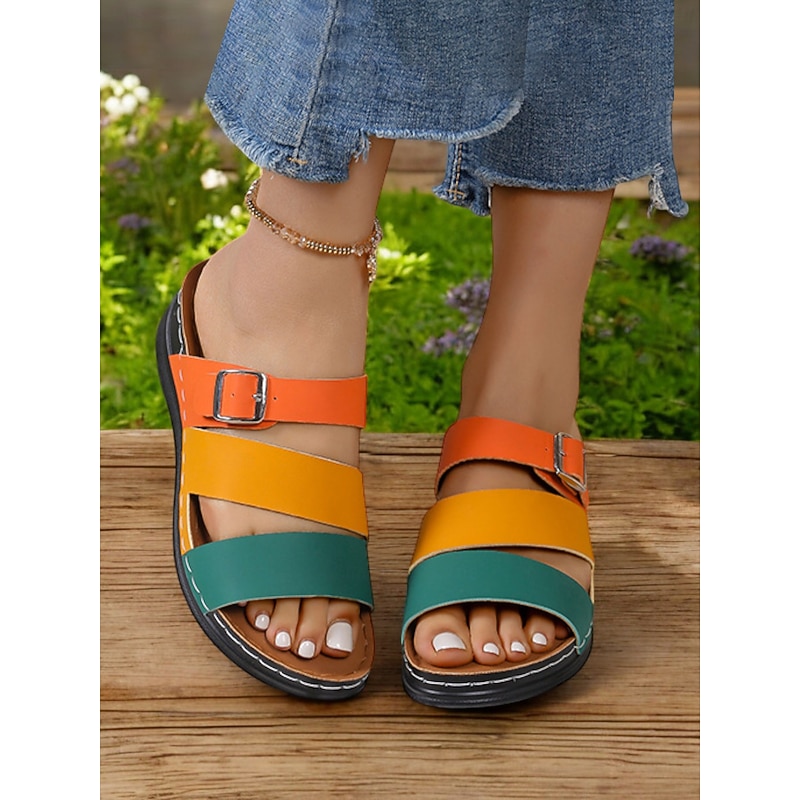 Colorful Strappy Wedge Sandals for Women – Comfortable Slip-On Sandals with Buckle Detail, Perfect for Summer Casual Wear and Outdoor Events3
