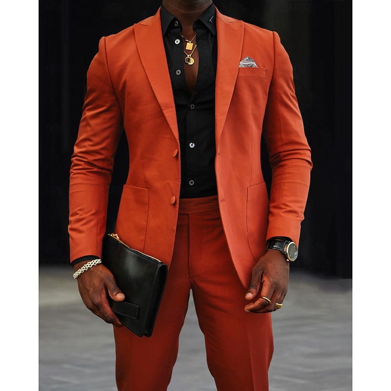 Men's Wedding Casual Linen Suits Yellow Orange Fashion Formal Solid Colored Standard Fit 2 Piece Single Breasted Two-buttons2