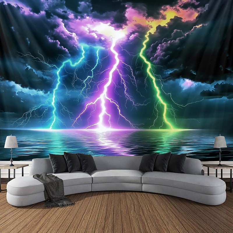 Blacklight Tapestry Glow in the Dark Glow Party UV Reactive Trippy Misty Lightning Nature Landscape Hanging Tapestry Wall Art Mural for Living Room Bedroom4