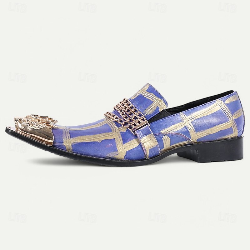 Men's Premium Cowhide Leather Loafers with Gold Tip Artistic Blue and Gold Geometric Design, Chain Detail, and Metallic Lion Head–Luxury Slip-On Shoes for Special Occasions and Evening Wear4