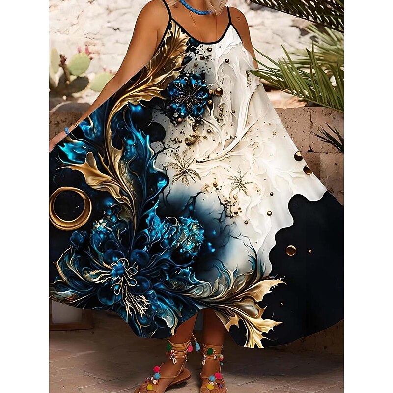 Women's Midi Dress Sundress Summer Dress Slip Dress Fit And Flare Dress Vacation Casual Boho Cold Shoulder Vacation Party Casual Oversized Floral Graphic Sleeveless Strap White Light Green Light