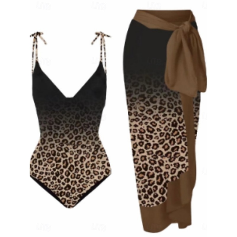 Women's Swimwear One Piece 2 Piece Skirt Swimsuit Backless Tummy Control High Waist Slim Vacation Beach Wear Leopard V Neck Sleeveless Bathing Suits