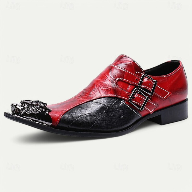 Men's Premium Cowhide Leather Double Buckle Loafers with Gold Tip Bold Red and Black Design and Lion Head Detail–Stylish Slip-On Shoes for Fashion-Forward Men and Special Occasions3