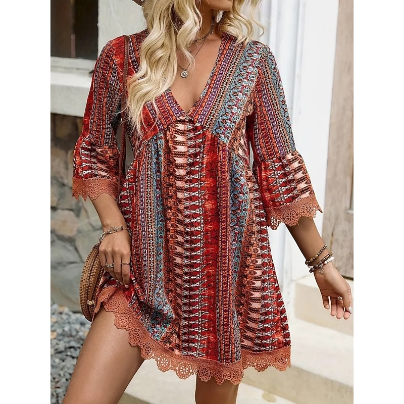 Women's Mini Dress Petite Dress Casual Dress Boho Dress Stylish Casual Vacation Daily Regular Fit Graphic Geometric 3/4 Length Sleeve V Neck Pink Red Blue Summer4
