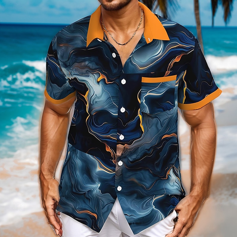 Men's Geometric Abstract Marble Shirt Button Up Shirt Short Sleeve Fashion Casual Vacation Streetwear Beach Wear Summer Fall Turndown 3D Print Collared Shirts Front One Pocket Blue