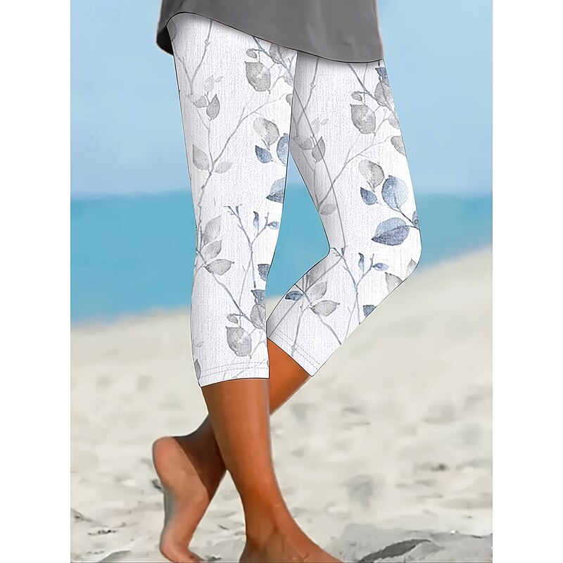 Women's Leggings Capri Pants High Elasticity Fashion Streetwear Full Length High Waist Floral Printing Thermal Warm Breathable Soft  Outdoor Daily White Summer Spring Fall Regular Fit3