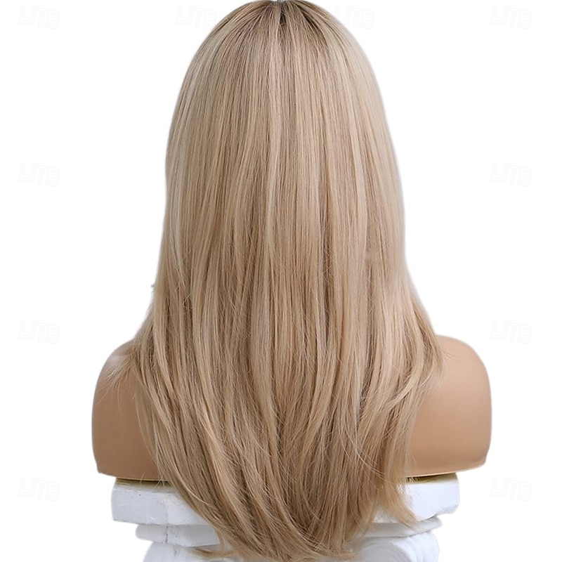 Long Blonde Wig for Women Layered Synthetic Heat Resistant Straight Hair Wig with Dark Roots Natural Realistic Wig for Daily Party4