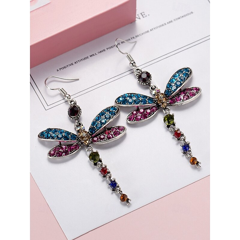 Colorful Crystal Dragonfly Earrings – Vintage Style, Silver Plated, Elegant Design for Women, Perfect for Parties and Special Occasions3