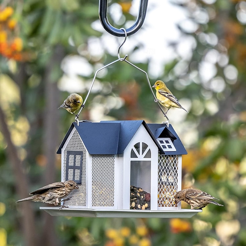 Bird Feeder House for Outside, Metal Mesh Wild Bird Feeder with Triple Feeders for Finch Cardinal Chickadee, Large Capacity, Weatherproof and Durable4