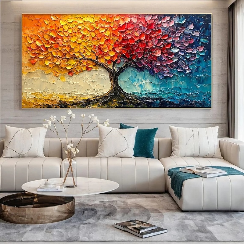 Handpainted  Colorful Dots Tree Oil Painting on Canvas Modern Textured flower tree painting Wall Art 3D Floral Painting Contemporary Art Large Wall Art oil painting for Living Room Decor3