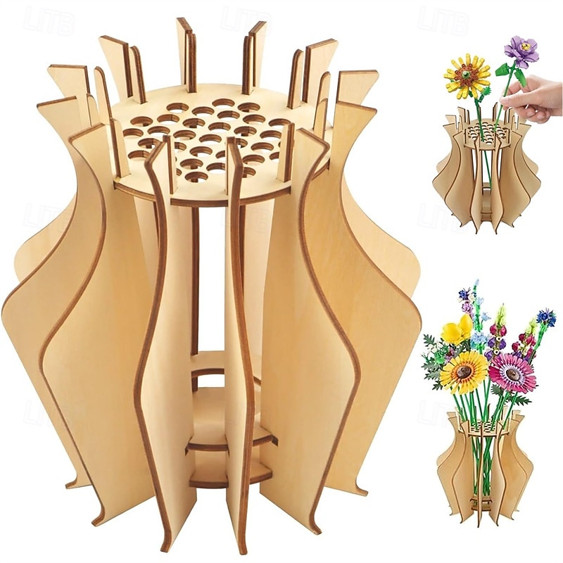 Wooden Vase for Flowers Building Sets Vase Building Set for Roses Wooden Puzzle Flower Vase for Flower Bouquet Building Set Display Stand for Flower Building Sets Gift for Flower Lovers Adults an