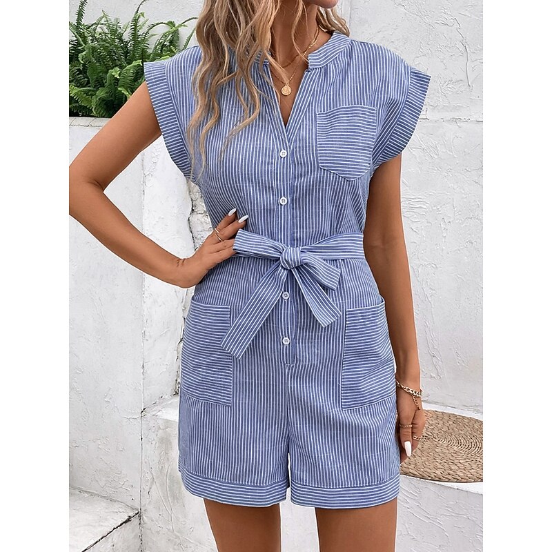 Women's Normal Romper Active Striped Sleeveless V Neck Lace up Pocket Vacation Daily Regular Fit Red Blue Green Summer4
