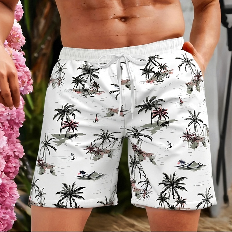 Men's Coconut Tree Tropical Plants Swim Trunks Swim Shorts Board Shorts Mid Waist Hawaiian Casual Vacation Holiday Beach Wear Side Pockets Mesh Lining Elastic Drawstring Waist Designer Clothing