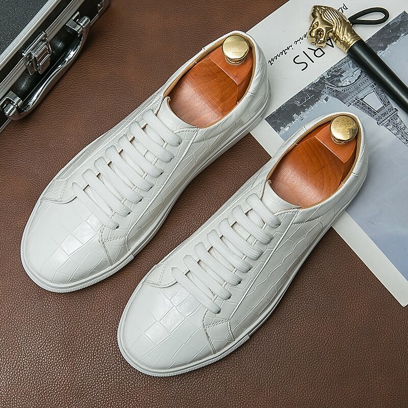 Men's White Crocodile Pattern Casual Sneakers – Stylish Lace-Up Shoes for Daily Wear and Fashionable Outings4