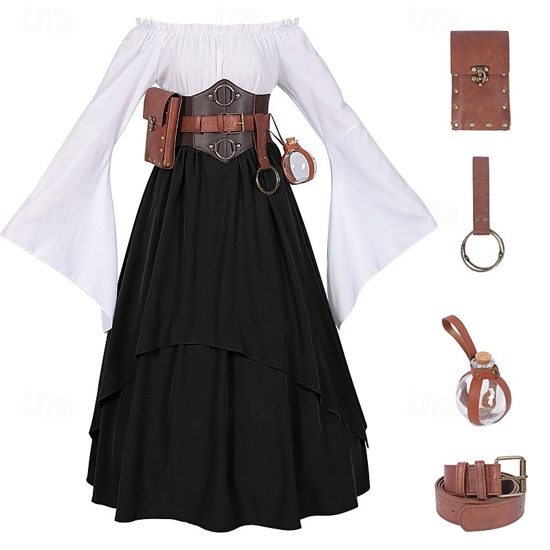 Vintage Inspired Party Costume Masquerade Bell Sleeve Solid Color Fancy Dress Women's Celtic Pirate Fantasy Halloween Masquerade Cocktail Party Casual Daily Adults' Shirt Skirt Belt All Seasons2