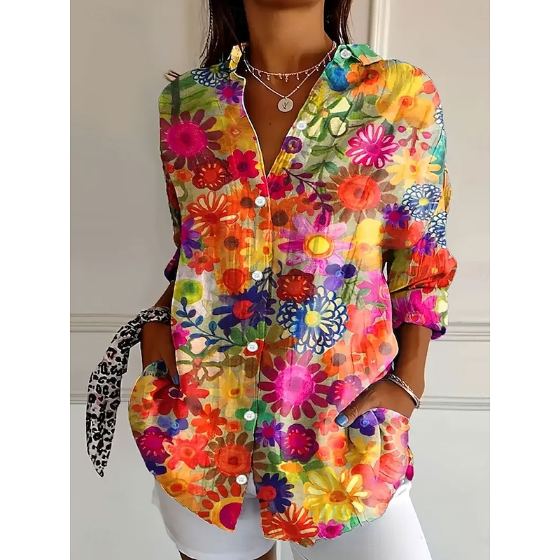 Women's Shirt Button Down Tunic Shirt Collar Long Sleeve Floral Casual Regular Tops Work Daily s Print Red Spring Fall Winter