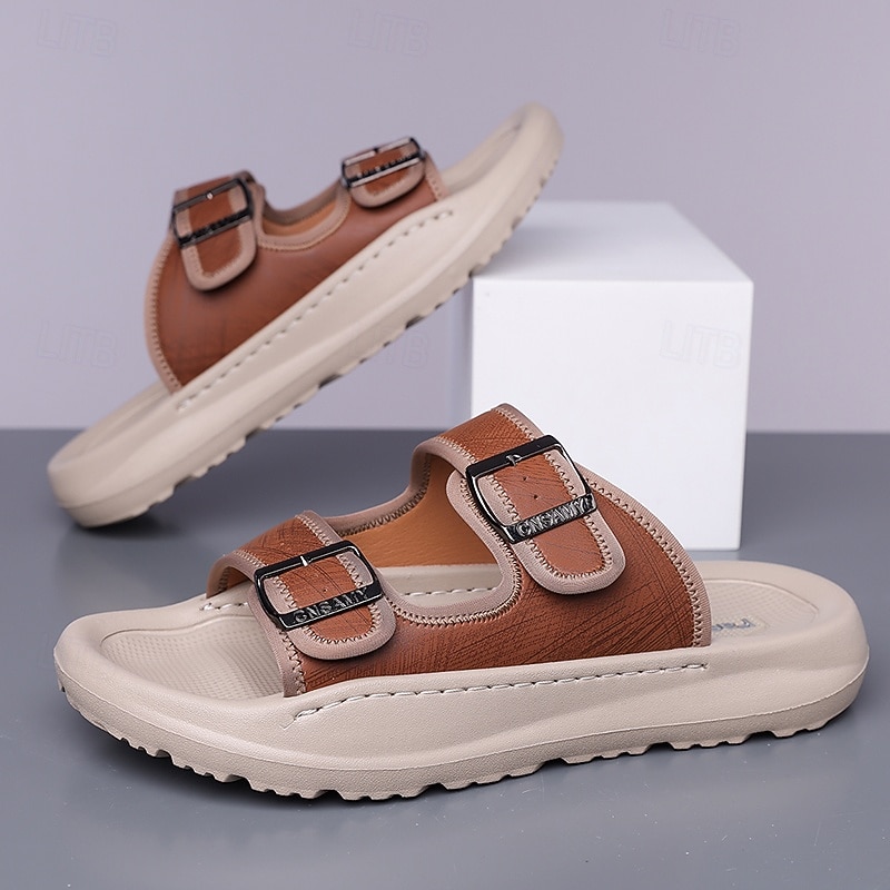 Men's Brown Two-Buckle Faux Leather Sandals with Comfortable Footbed and Durable Sole – Adjustable Slip-On Summer Shoes for Casual and Outdoor Wear3