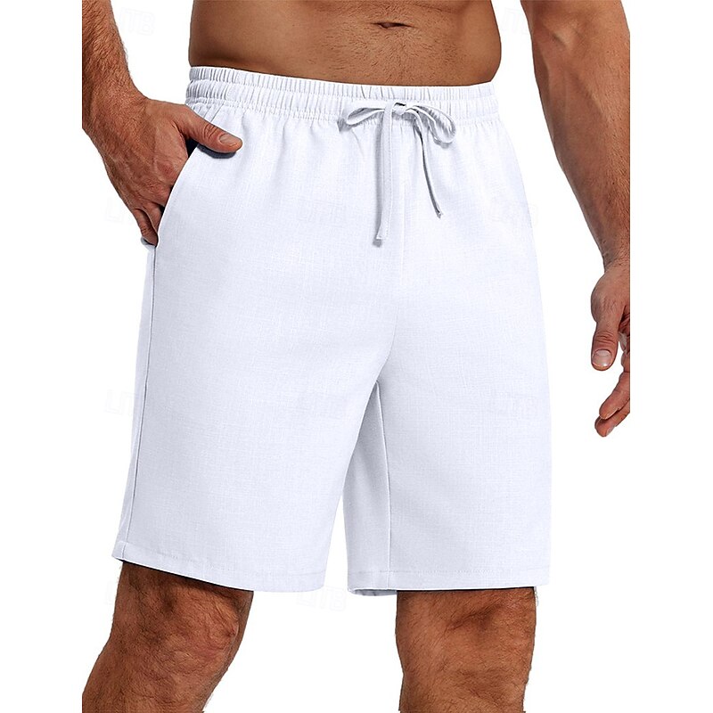 Men's Shorts Linen Shorts Summer Shorts Beach Shorts Drawstring Elastic Waist Straight Leg Plain Breathable Knee Length Yoga Daily Beach Fashion Athleisure Black White2