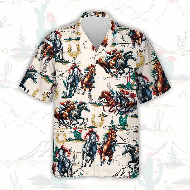 Kentucky Derby Men's Cowboy Horse Racing Shirt Cuban Collar Shirt Short Sleeve Vintage Retro Vacation Holiday Festival Summer Spring Camp Collar Shirt 3D Print Funny Kentucky Derby Shirts Beige