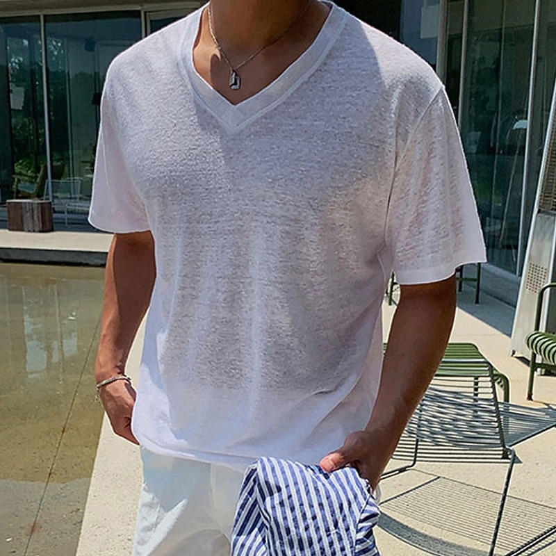 Men's T Shirt Tee Short Sleeve Shirt Tee Top Short Sleeve V Neck Summer Spring Plain Fashion Designer Basic Classic Vacation Street Going out White Top Tee for Men3