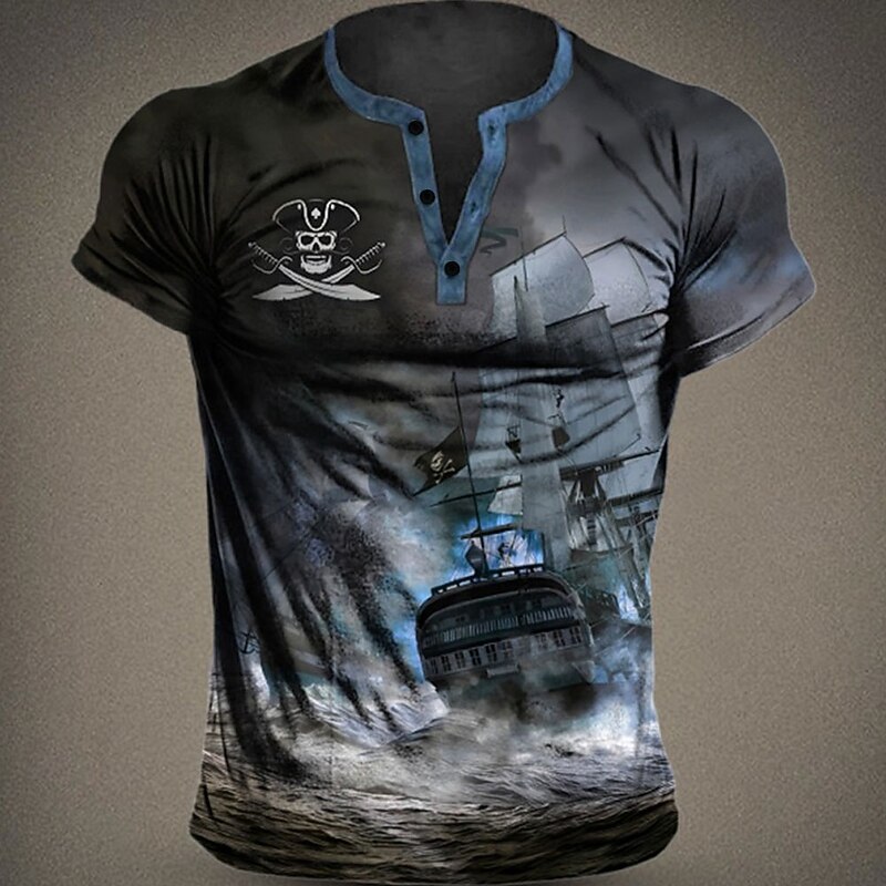 Men's Graphic Ship Pirate Henley Shirt Short Sleeve 3D Print Fashion Designer Comfortable Outdoor Daily Summer Blue Brown Green Gray Henley Henley T-Shirt4