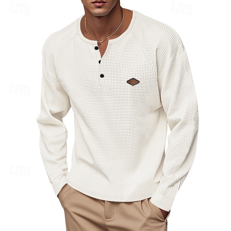Men's Button T Shirt T Shirt Waffle Henley Shirt Henley Shirt Long Sleeve Henley Spring Fall Plain Fashion Designer Basic Buttons Vacation Street Going out Black Blue Khaki Top Tee for Men