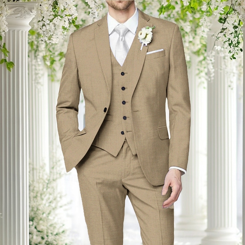 Men's Wedding Linen Suits Notch Lapel Dark Khaki Sky Blue Formal Solid Colored Tailored Fit 3 Piece Single Breasted One-button4