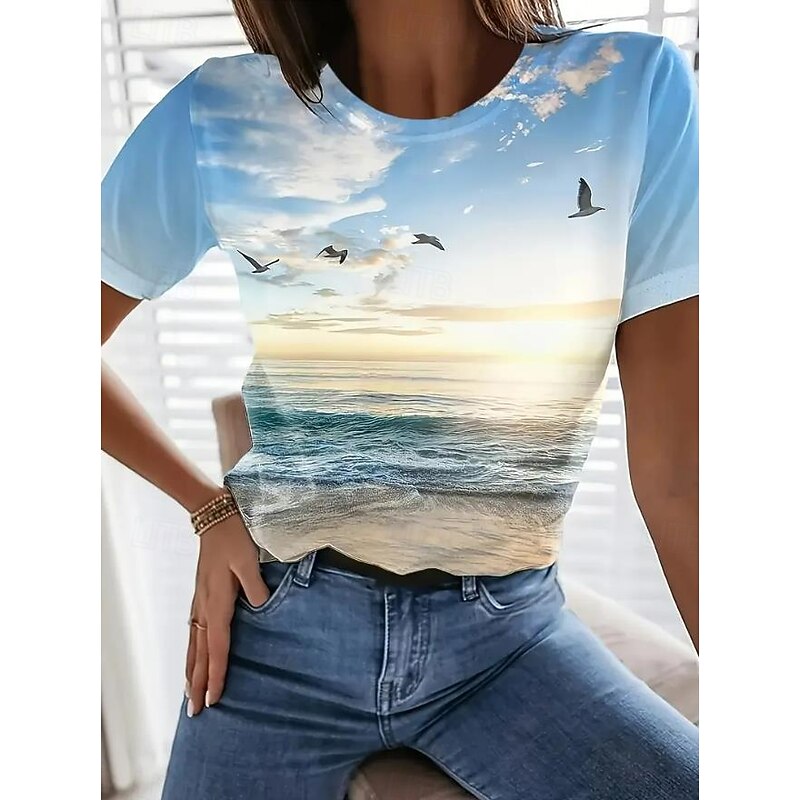 Women's T Shirt Rose Floral Graphic Elegant Vintage Fashion Short Sleeve Round Neck Regular Tops Daily Going out Weekend Print Light Blue Summer