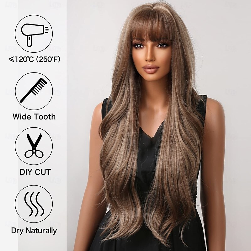 Long Curly Wigs with Bangs for Women Heat Resistant Synthetic Wavy Wigs for Daily/Party/Cosplay3