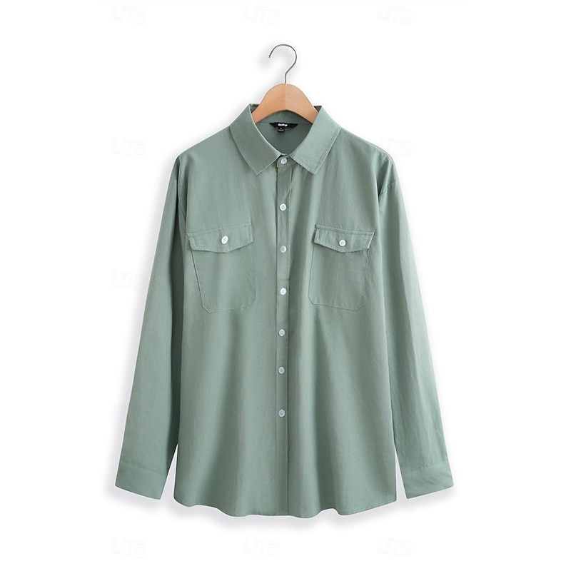 Men's Shirt Linen Shirt Summer Shirt Beach Wear Button Up Shirt Untucked Shirts Solid Color Vacation Street White Blue Green Khaki Long Sleeve Collar Clothing Apparel Pocket3