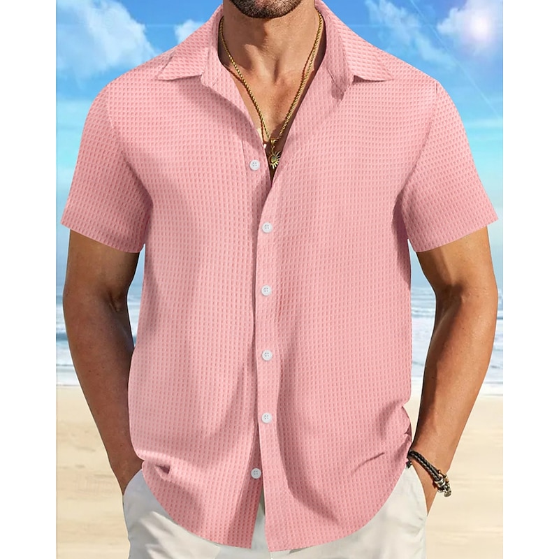 Men's Shirt Summer Shirt Casual Shirt Beach Shirt Button Up Shirt Waffle Knit Shirt Black White Pink Blue Orange Short Sleeve Plain Lapel Vacation Hawaiian Clothing Apparel Polyester Fashion Casual