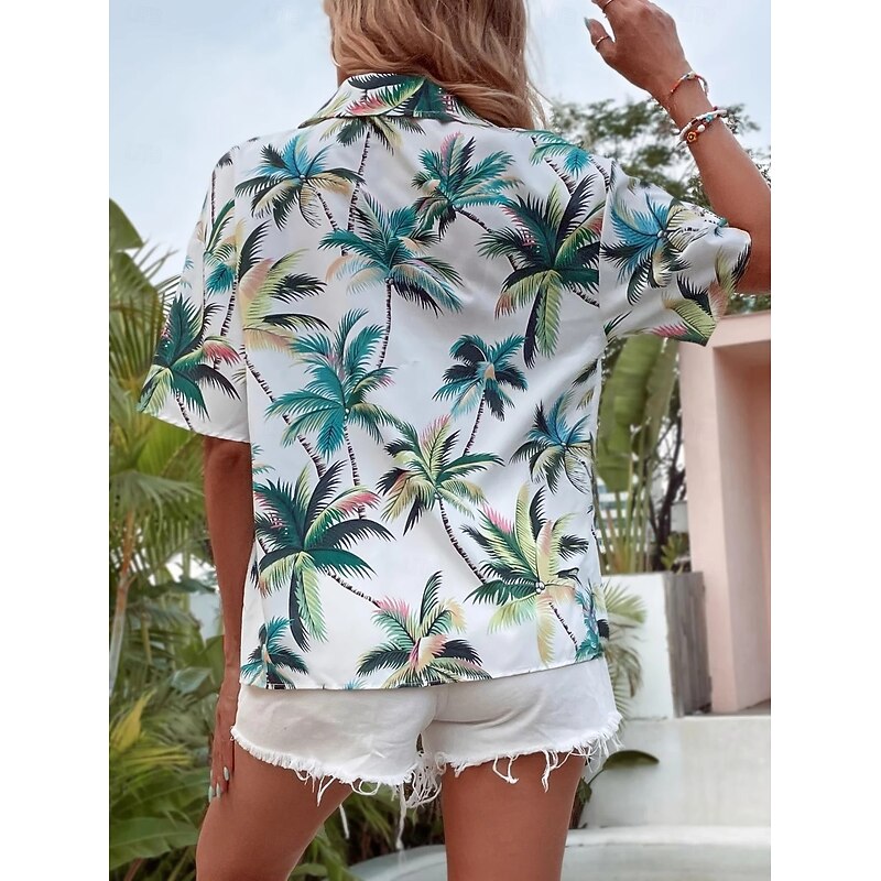 Women's Shirt Long Sleeve Button Down Blouse Leaf Stylish Beach Short Sleeve Shirt Collar Regular Tops Daily Buttons Print White Pink Green Spring Fall2