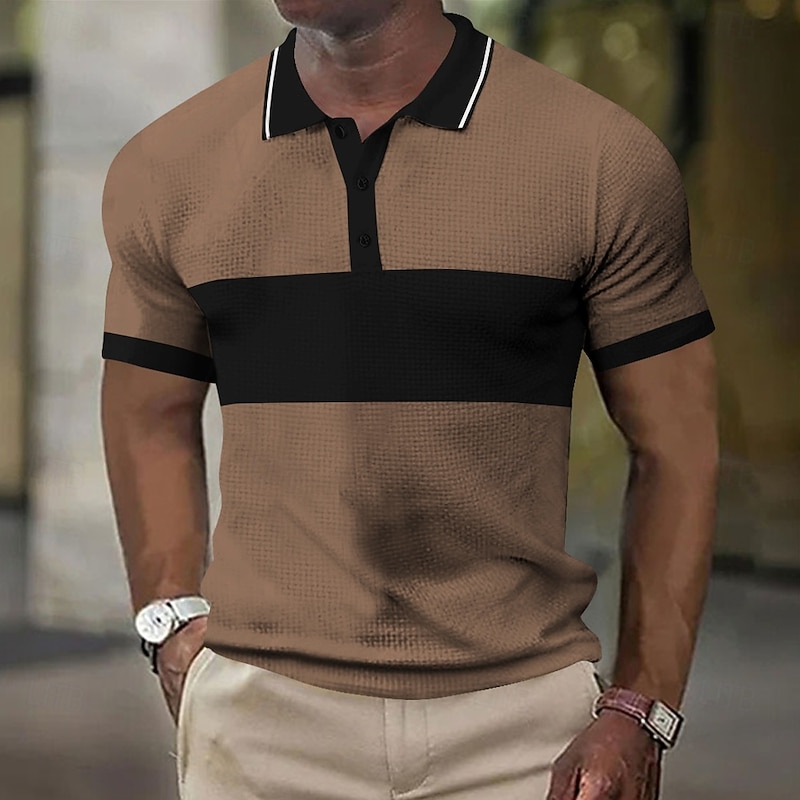 Men's Horizontal Stripes Rugby Polo Short Sleeve Polo Shirts Collared Shirts Business Casual School Formal Outdoor Dailywear Buttons 3D Print Summer Dark Brown Light Brown Dark Blue3