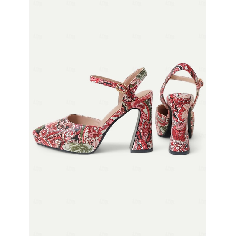 Red Paisley Patterned High Heel Sandals for Women – Vintage Chic Open Toe with Block Heels – Perfect for Parties and Special Occasions2