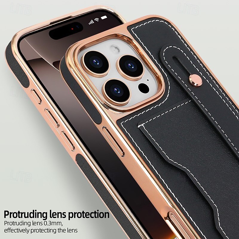 Phone Case For iPhone 16 15 14 Pro Max Plus 13 12 Pro Max Back Cover with Stand Holder with Lanyard with Wrist Strap Retro TPU Plating2