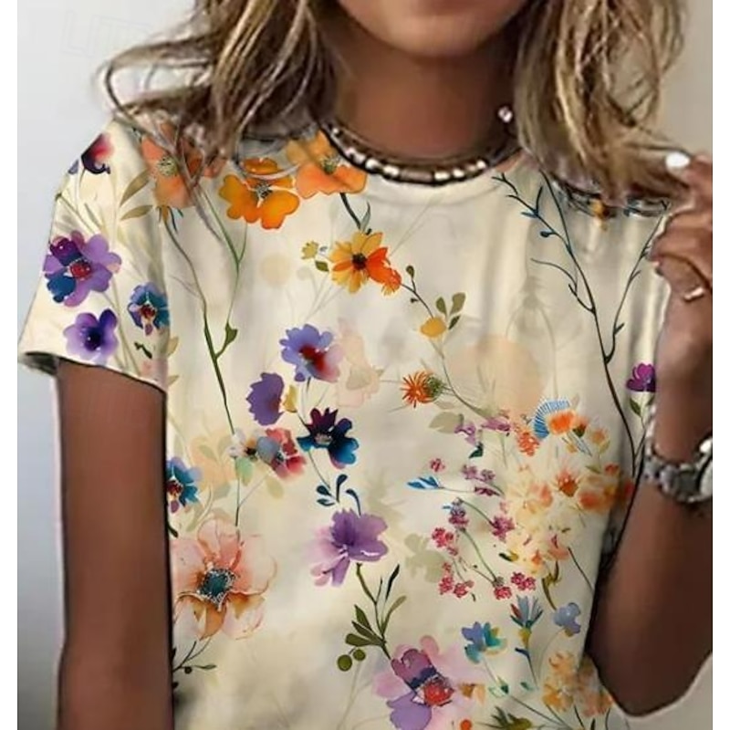 Women's T Shirt Floral Stylish Casual Short Sleeve Crew Neck Regular Tops Daily Print off-white Summer2