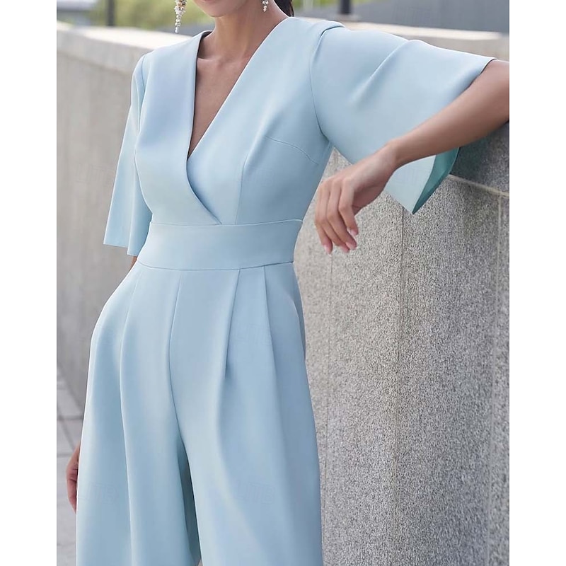 Jumpsuit Mother of the Bride  Elegant Simple Minimalist V Neck Floor Length Crepe Short Sleeve with Pleats Ruching Solid Color3