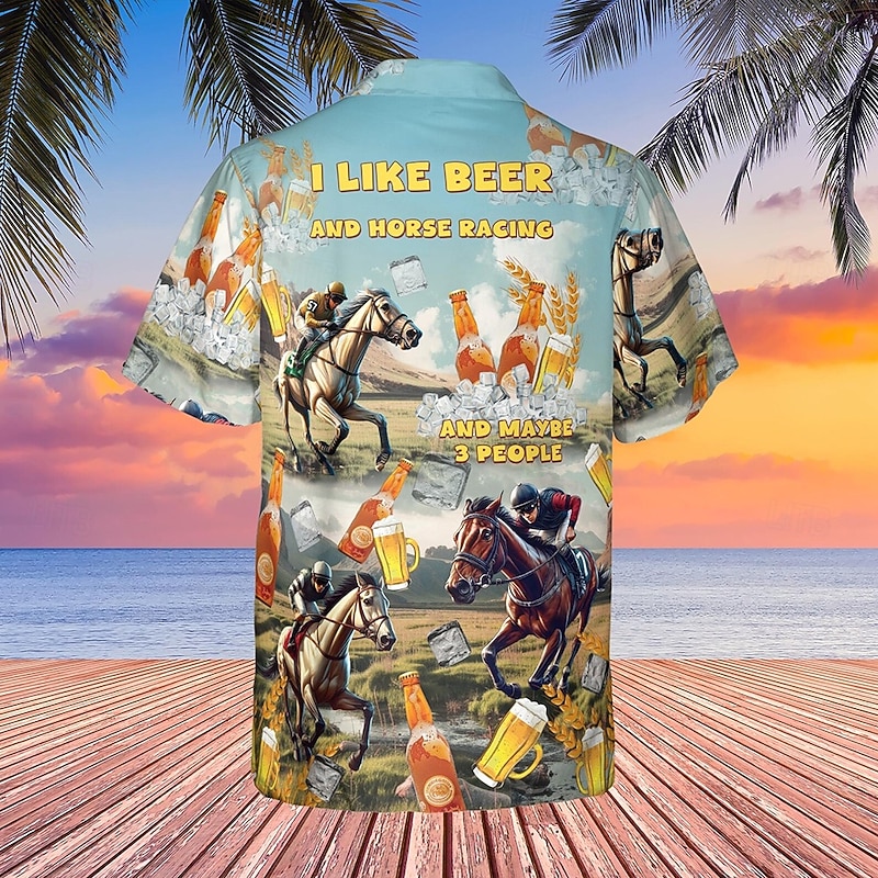 Kentucky Derby Men's Beer Horse Racing Shirt Cuban Collar Shirt Short Sleeve Vintage Retro Vacation Holiday Festival Summer Spring Camp Collar Shirt 3D Print Funny Kentucky Derby Shirts Light Blue2