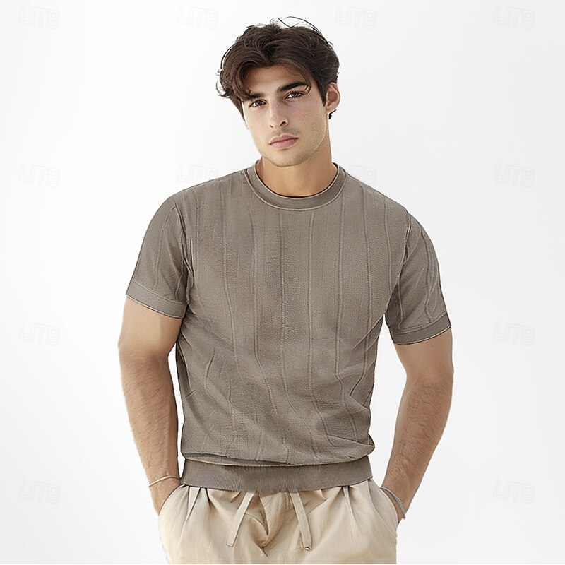 Men's T Shirt Short Sleeve Crew Neck Summer Spring Vertical Stripes Knitwear Elegant Vacation Knitting School Vacation Home Dark Red Black White Top Tee for Men