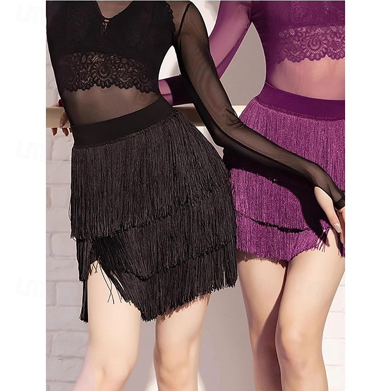 Women's Fringe Dance Skirt Latin Tango Salsa Hall Fringe Short Mini Skirt Sexy Multi-Layer Wrap Dress4