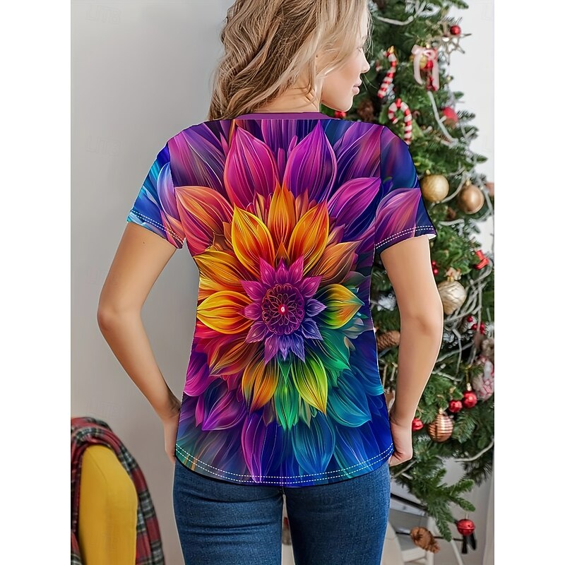 Women's T Shirt Sunflower Casual Short Sleeve Round Neck Regular Tops Daily Print Purple Summer2
