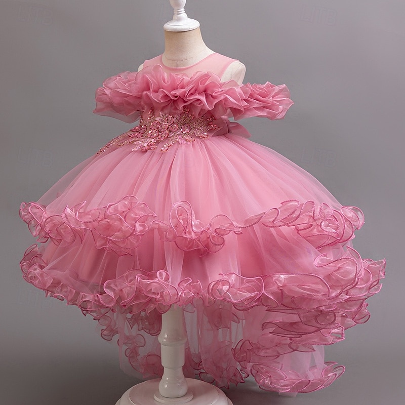 Flower Girl Dress Girls' Formal Dress Princess Dress Party Dress Wedding Special Occasion Adorable Sweet Ruched Zipper Solid Color Short Sleeve Crew Neck White Champagne 4-13 Years4