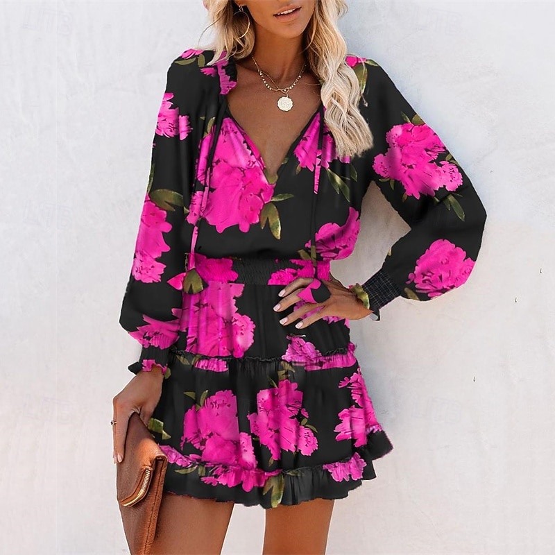 Women's Mini Dress Casual Dress Summer Dress Print Dress Fashion Outdoor Holiday Date Regular Fit Floral Long Sleeve Deep V Yellow Khaki Rose Red Summer Spring3