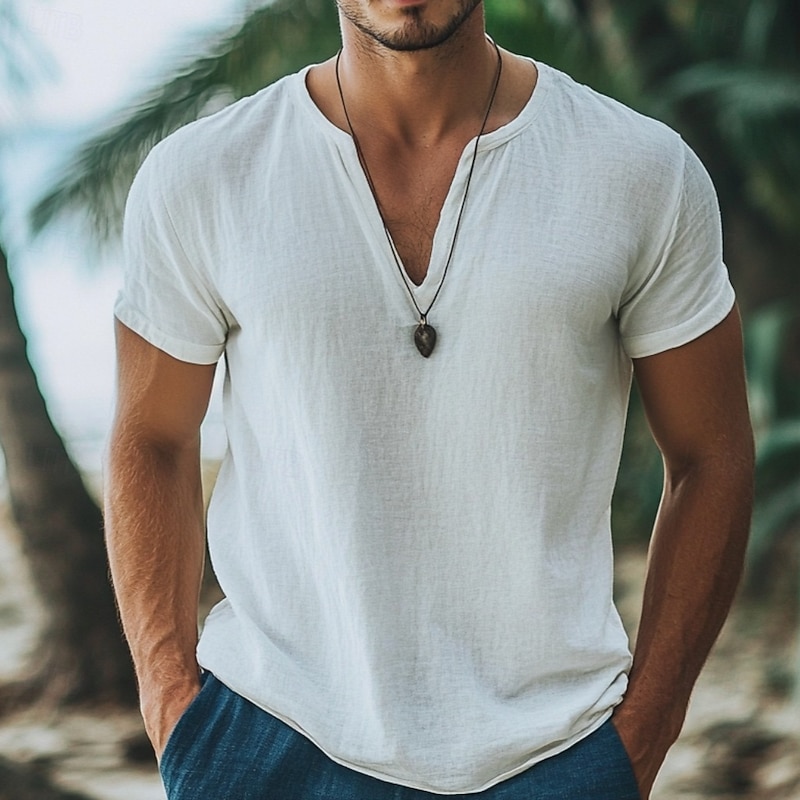 Men's T Shirt Cotton Linen T Shirt Tee Top Short Sleeves V Neck Summer Solid Color Fashion Designer Basic V Neck Vacation Street Going out White Top Tee for Men