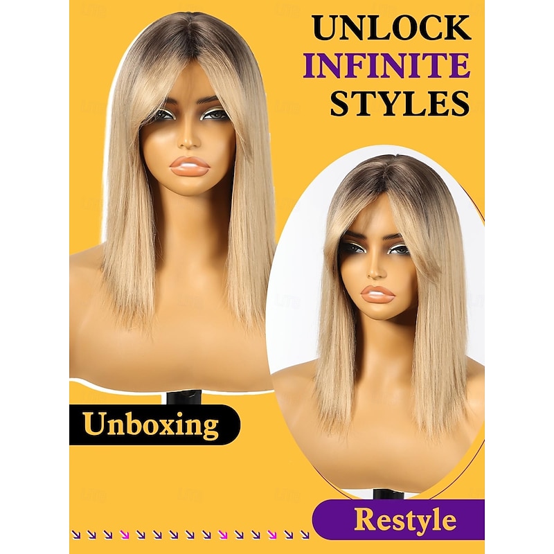 Ombre Light Brown Bob Wig with Bangs, Short Straight Hair Wigs for Women,Synthetic Heat Resistant Natural Looking Hair Wig for Party Cosplay Dality Use3