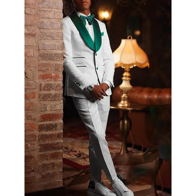 Men's Wedding Party Party Suits White Fashion Luxury Jacquard Floral Standard Fit 2 Piece Single Breasted One-button