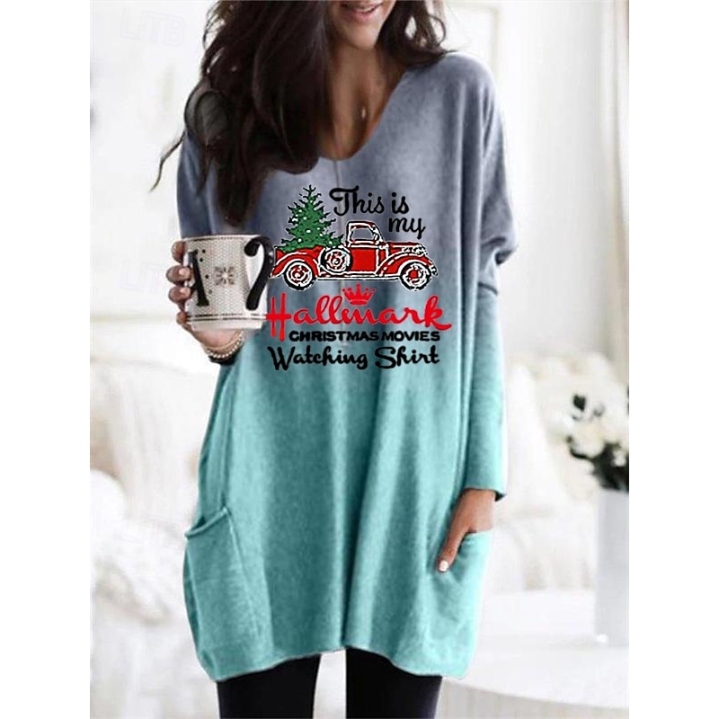 Women's Mini Dress Casual Dress Shift Dress Casual Batwing Sleeve Christmas Festival Loose Fit Print Long Sleeve V Neck Blue Purple Orange Gray Fall Winter