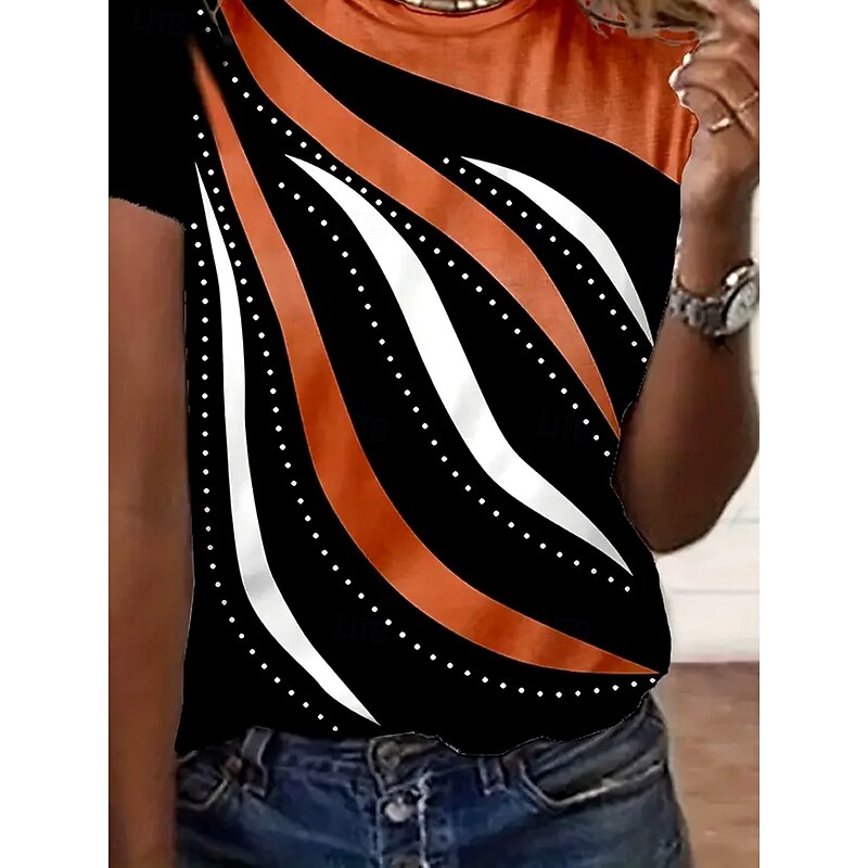 Women's T Shirt Graphic Geometric Striped Elegant Vintage Fashion Short Sleeve Round Neck Regular Tops Daily Going out Weekend Print Orange Summer3