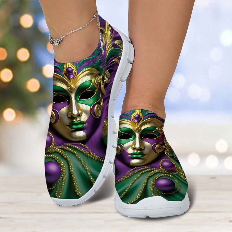 Vibrant Women's Slip-On Athletic Shoes with Carnival Mask Design, Ideal for Festive Occasions, Parades, and Casual Wear