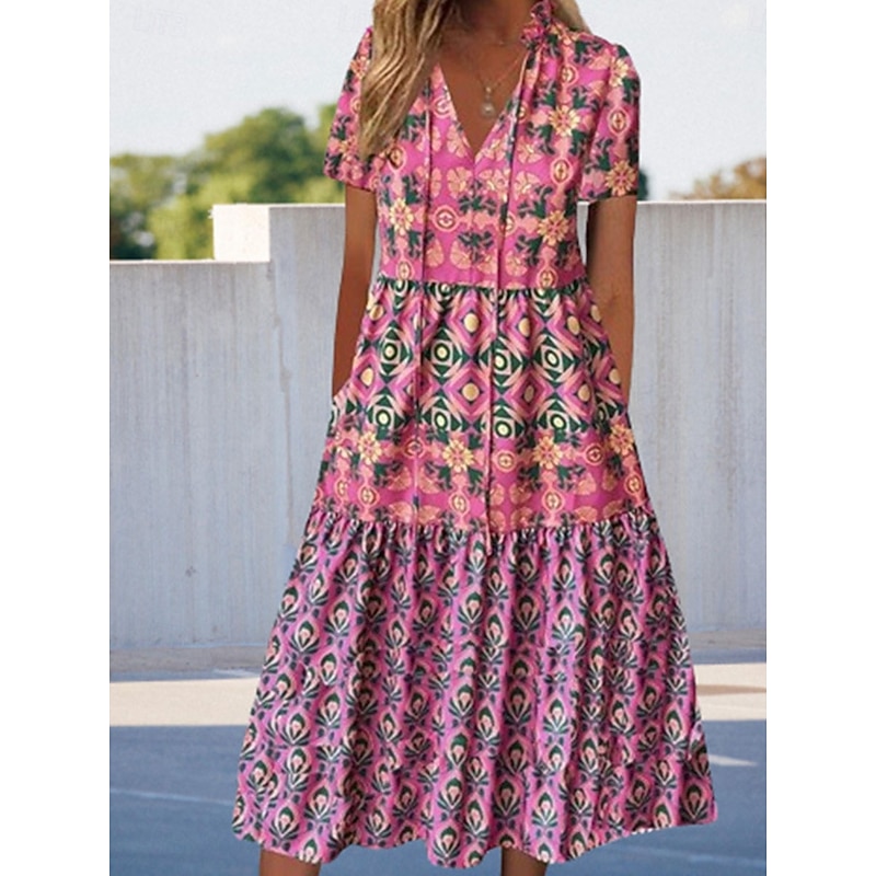 Women's Midi Dress Casual Dress Boho Dress Stylish Casual Vacation Casual Daily Loose Fit Floral Short Sleeve V Neck Pink Spring Fall2